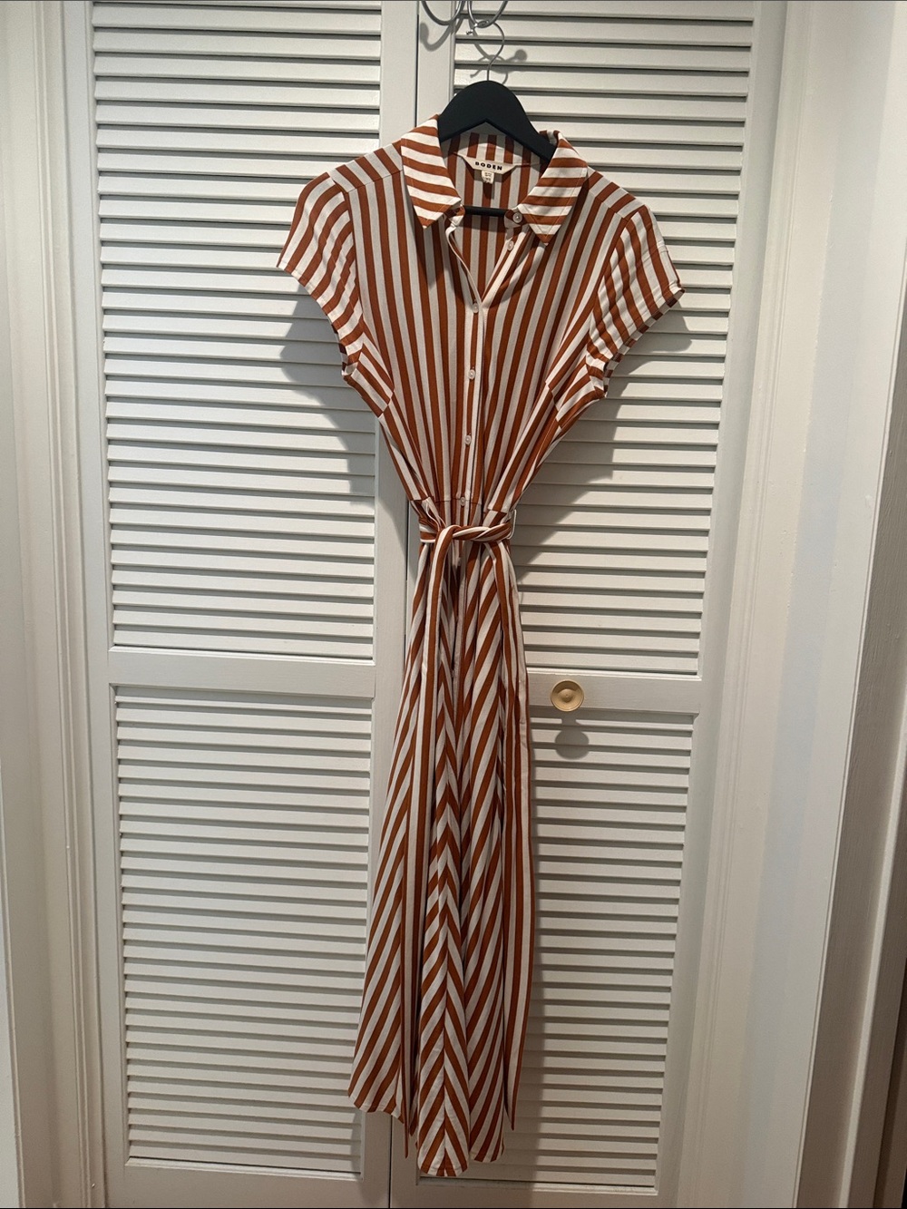 Boden Rust and White Striped Maxi Shirt Dress NWOT